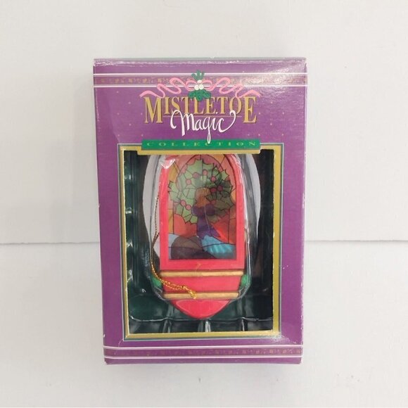 Mistletoe Magic Bear & Bird Sitting By Stained Glass Christmas Ornament - Picture 2 of 3